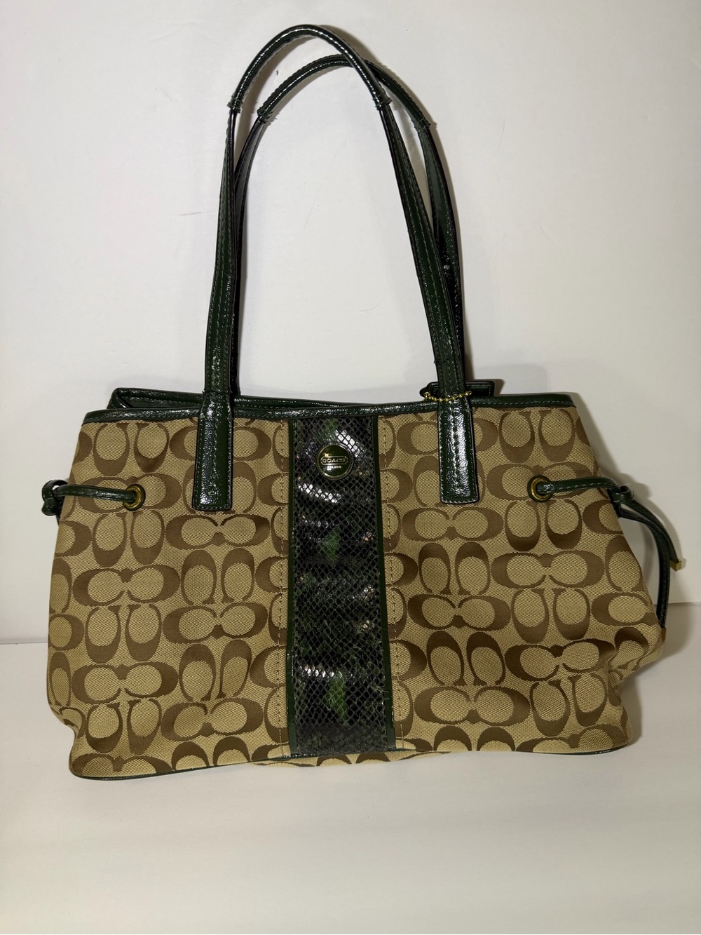 Coach Signature G1380-F24882 Handbag Tote Bag Green Python Stripe canvas leather